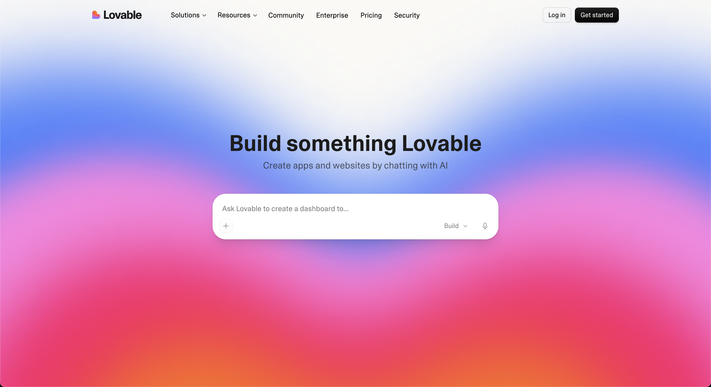 Lovable homepage in 2026: Build something Lovable, with Solutions, Resources, Enterprise and Security in the nav